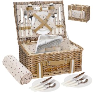 Picknickkorb aus Weidenholz für 4 Personen,mit Großer Isolierter Kühltasche und Wasserdichter Picknickdecke,Picknickkoffer Picknick Set Korb,für Camping,Outdoor,Valentinstag,Weihnachten,Erntedankfest
