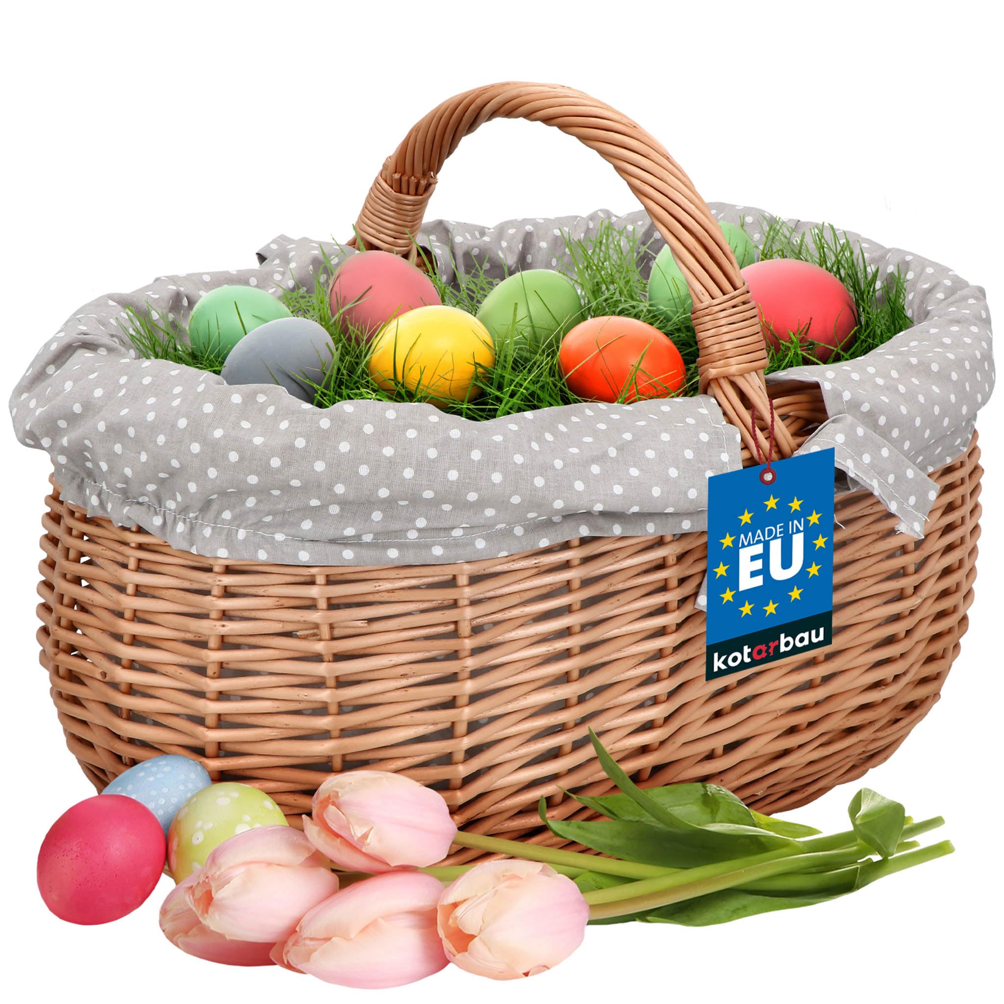 KOTARBAU® Weidenkorb mit Henkel - 47 x 31 x 32 cm - Korb mit Henkel - Einkaufskorb - mit Stoffeinlage in Grau - Pilzkorb - Erntekorb - Natürlich - Lebensmittelecht - Weide - Braun