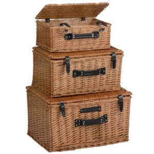 CampFeuer Weidenkorb Set | 3-teilig | Weidenkoffer mit Kunstlederriemen, Picknickkorb geflochten, Weidenkorb mit Deckel, Picknickkörbe | Dekokoffer, Geschenkkorb, Picknickkorb leer, Weidenkörbe