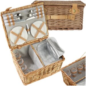 tectake® Picknickkorb 4 Personen, inkl. Kühlfach, befüllter Picnic Basket Weidenkorb für Ausflug, Camping, Dinner Date, Picknickkorb mit Deckel, als Geschenkkorb, Rotkäppchen Korb - Föhr