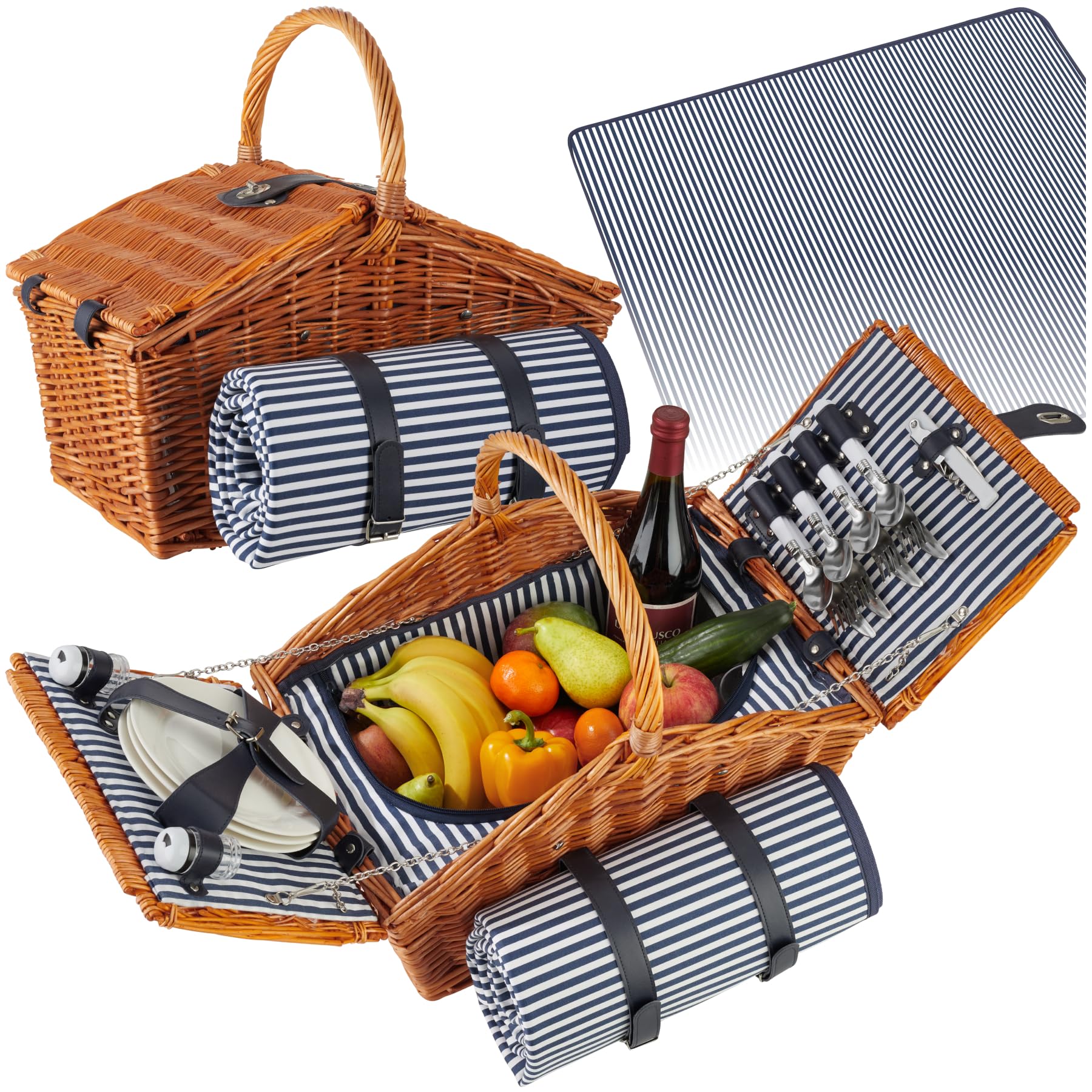 tectake® Picknickkorb und Picknickdecke 4 Personen, befüllter Picnic Basket Weidenkorb für Ausflug, Camping, Dinner Date, Picknickkorb mit Deckel, als Geschenkkorb, Rotkäppchen Korb - Usedom