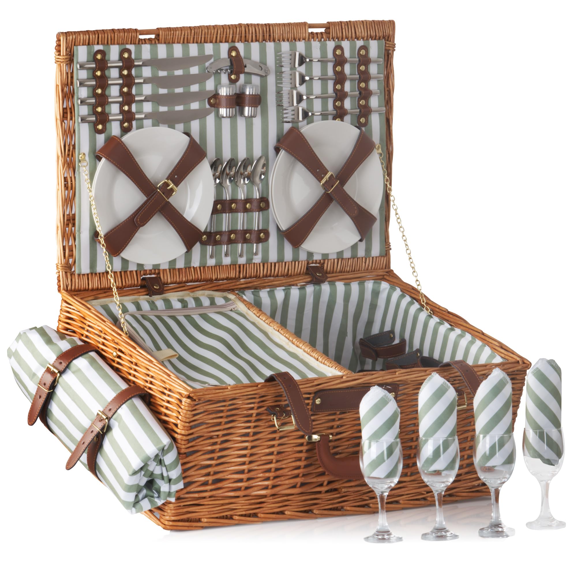 CampFeuer Picknickkorb 4 Personen mit Geschirr-Set und Kühlfach | 29-teilig | Picknickkoffer mit gestreiftem Innenmuster | Weidenkorb mit Kunstlederriemen | Picknicktasche, Picknick Set