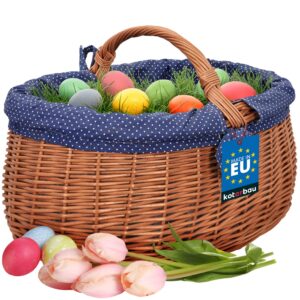 KOTARBAU® Weidenkorb mit Henkel - 47 x 31 x 32 cm - Korb mit Henkel - Einkaufskorb - mit Stoffeinlage in Blau - Pilzkorb - Erntekorb - Natürlich - Lebensmittelecht - Weide - Braun