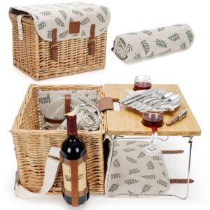 WILLOW WEAVE Picknickkorb mit Tisch, Picknickkorb-Set für 2, Weidenkorb mit Weinhalter, Picknickset aus Weidengeflecht mit Decke & Premium-Geschirr für Outdoor, Hochzeit, Jubiläum, Geburtstagsgeschenk