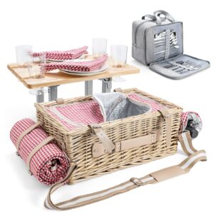Wovanew Picknickkorb-Set aus Weide für 4 Personen – mit abnehmbarem Tisch, Bestecktasche, isolierter Kühltasche und wasserdichter Picknickdecke für Camping, Strand, Hochzeitsgeschenke(Red Grid)