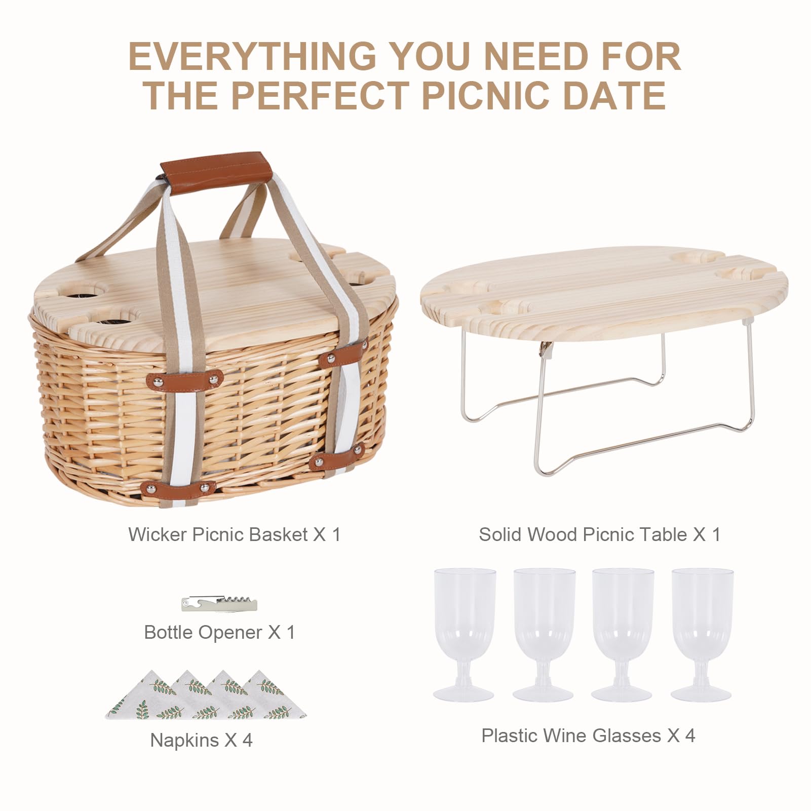 Zettfuly Picknickkorb-Set für 4 Personen – Isolierter Weidenkorb mit klappbarem Weintisch, Picknickset mit Innenfutter für Paare, Camping, Outdoor, Valentinstag (Blatt) - Image 2