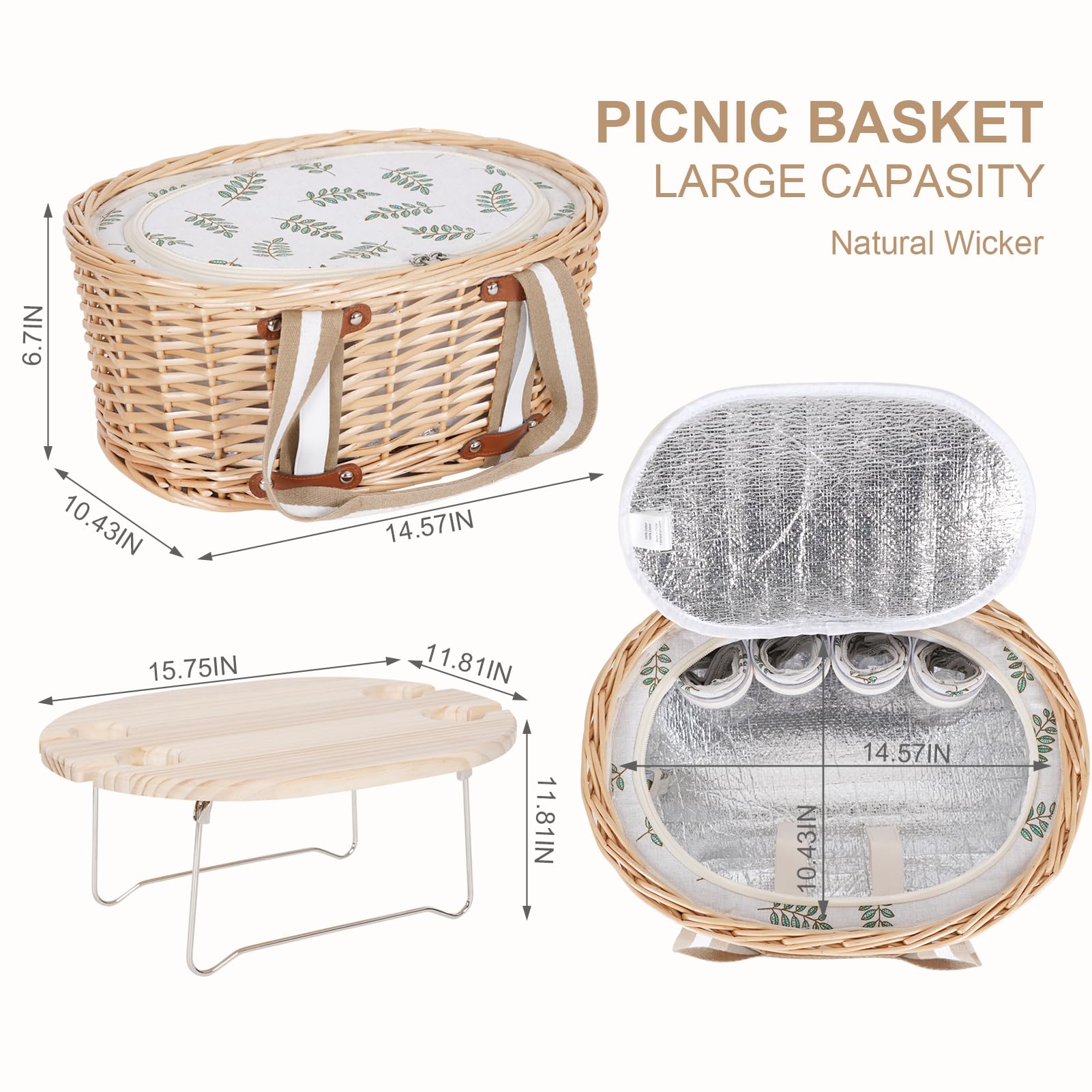 Zettfuly Picknickkorb-Set für 4 Personen – Isolierter Weidenkorb mit klappbarem Weintisch, Picknickset mit Innenfutter für Paare, Camping, Outdoor, Valentinstag (Blatt) - Image 3