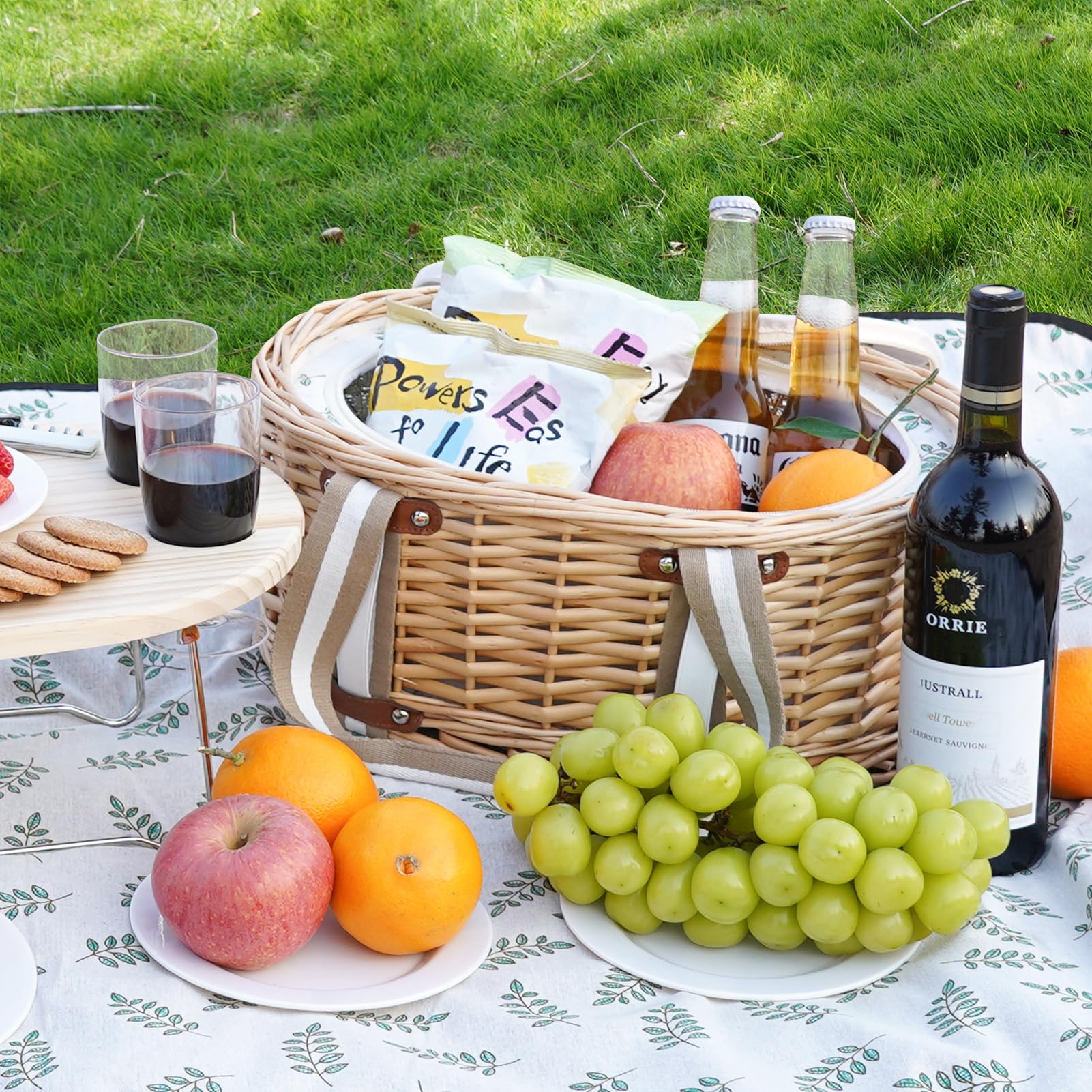 Zettfuly Picknickkorb-Set für 4 Personen – Isolierter Weidenkorb mit klappbarem Weintisch, Picknickset mit Innenfutter für Paare, Camping, Outdoor, Valentinstag (Blatt) - Image 4