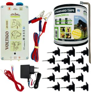 Komplettset Weidezaun 12V/230V Weidezaun Set mit Zaunband & Isolatoren für Pferde, Rinder, Kühe & Hunde – Elektrischer Gartenzaun Zubehör