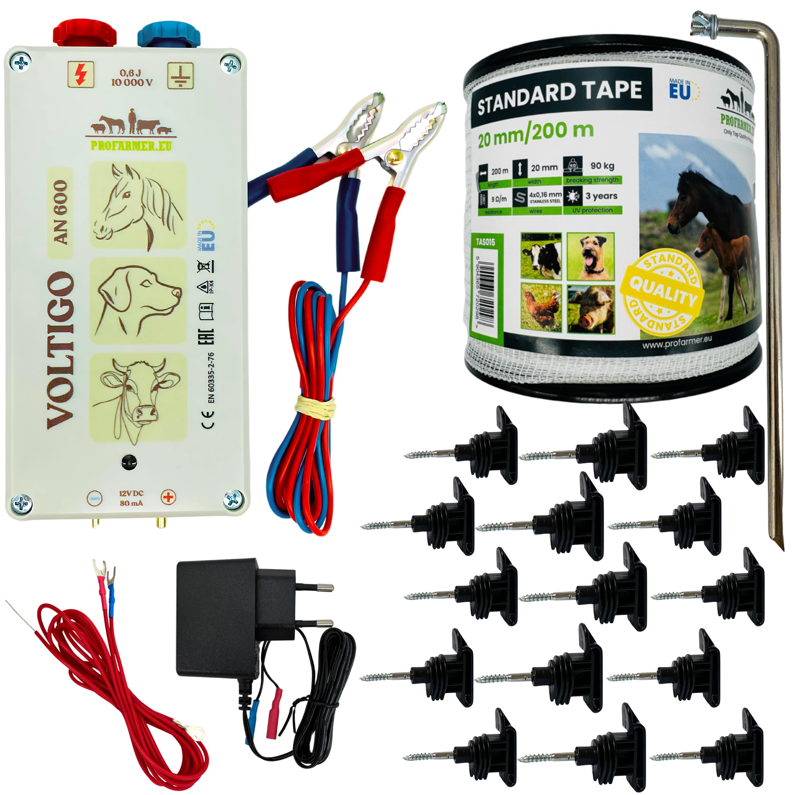 Komplettset Weidezaun 12V/230V Weidezaun Set mit Zaunband & Isolatoren für Pferde, Rinder, Kühe & Hunde – Elektrischer Gartenzaun Zubehör