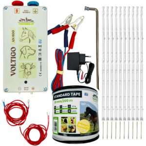 Komplettset Elektrozaun 12V/230V Weidezaun mit 105 cm Pfählen Zaunband für Rinder, Pferde, Ponys, Fohlen