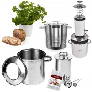 Browin Komplettes Set von 1,5 kg Schinkenkocher aus Edelstahl in einem Wassermantel, mit einem Topf und Thermometern