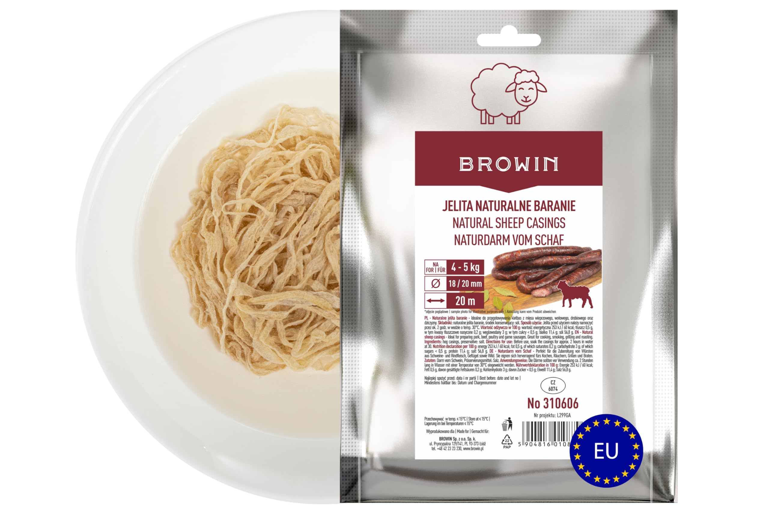 BROWIN® Schafsaitling 18/20 mm 20 Meter in Premiumqualität | Schafsdarm für Wurst | Premium Naturdarm für die Herstellung selbstgemachter Würstchen, Wacholderwurst, Weißwurst, Bratwurst