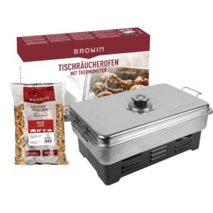 BROWIN Edelstahl Tischräucher-Set mit Thermometer 330010 |inkl. Holzhackschnitzel | Tischräucherofen | Fisch & mehr Grillen und Räuchern | Camping-Zubehör