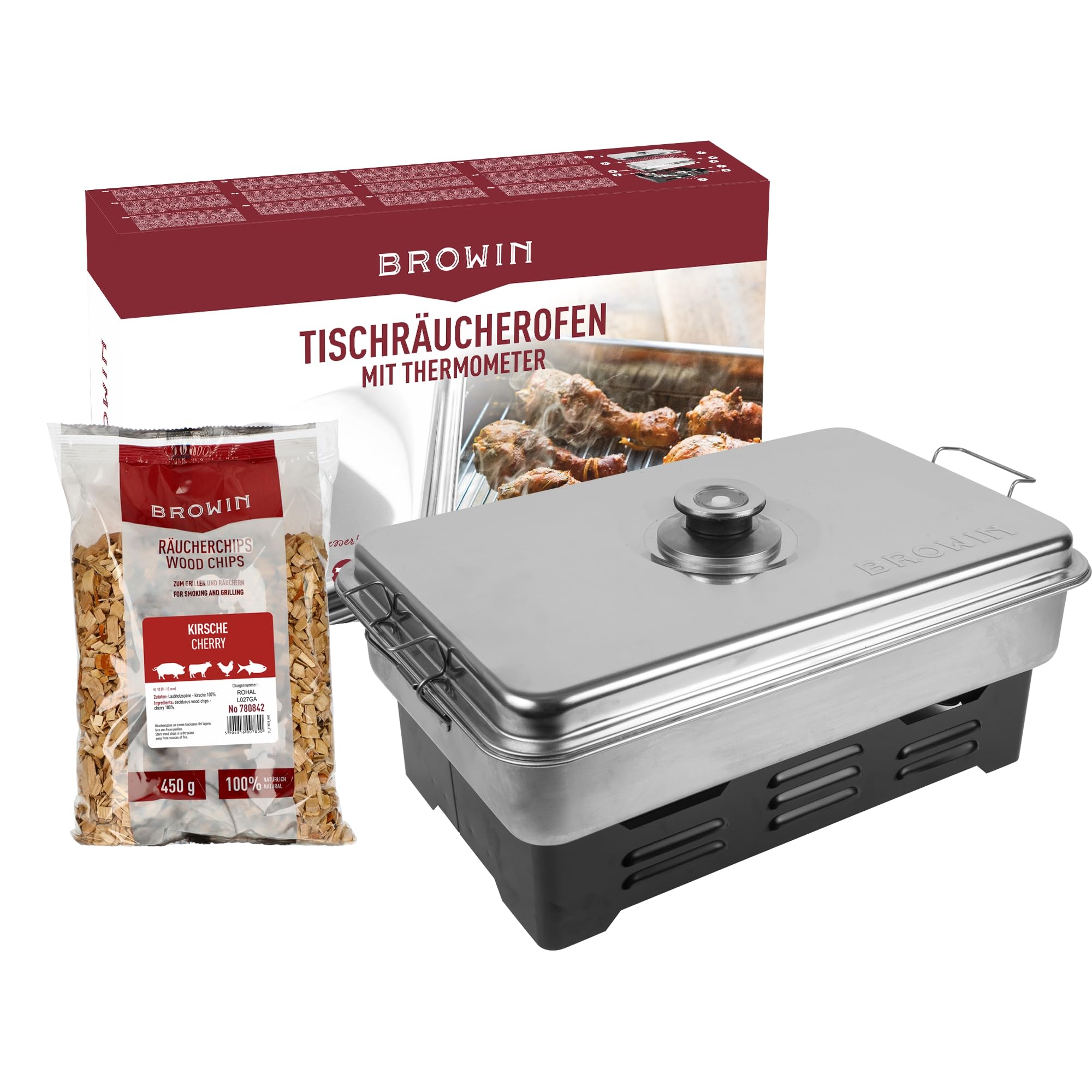 BROWIN Edelstahl Tischräucher-Set mit Thermometer 330010 |inkl. Holzhackschnitzel | Tischräucherofen | Fisch & mehr Grillen und Räuchern | Camping-Zubehör