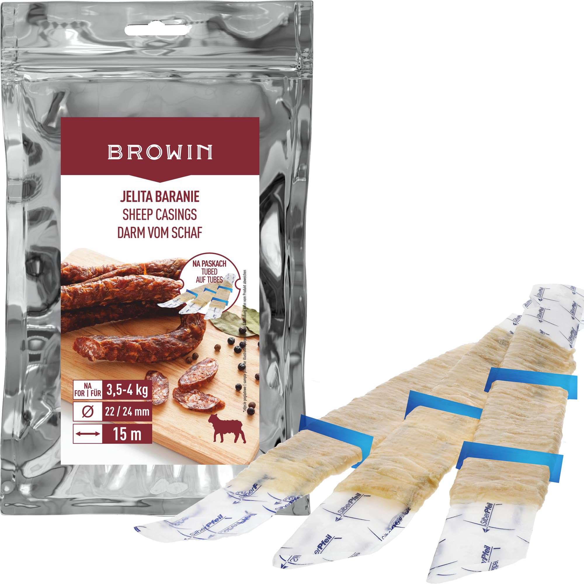 BROWIN Schafsaitlinge Naturdarm Kaliber 22/24 mm | 15 m auf Streifen | Premium Qualität für Wiener, Frankfurter & Saitenwürste