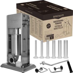 BROWIN® Manuell Wurstfüller aus Edelstahl 311036 | 3 Liter vertikale Wurstmaschine mit Tischklemme | Wurstfüllmaschine | Wurstpresse | Machine für hausgemachte Wurst | inkl. 6 Füllrohren