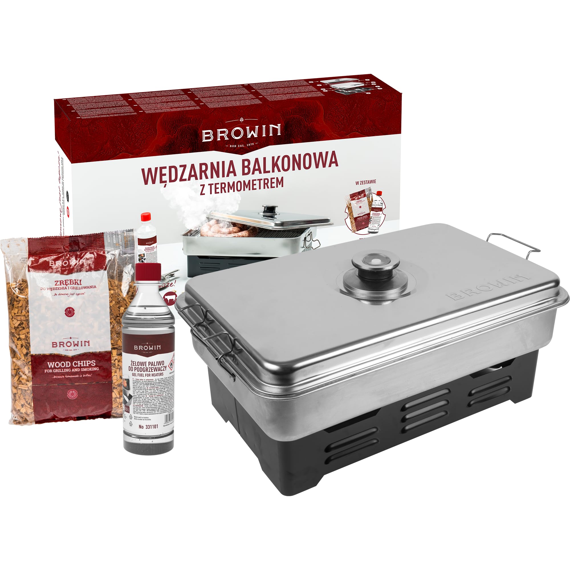 BROWIN® Edelstahl Tischräucher-Set mit Thermometer 330004 | inkl. Holzhackschnitzel und Brennstoff-Gel | Tischräucherofen | Fisch & mehr Grillen und Räuchern | Camping-Zubehör