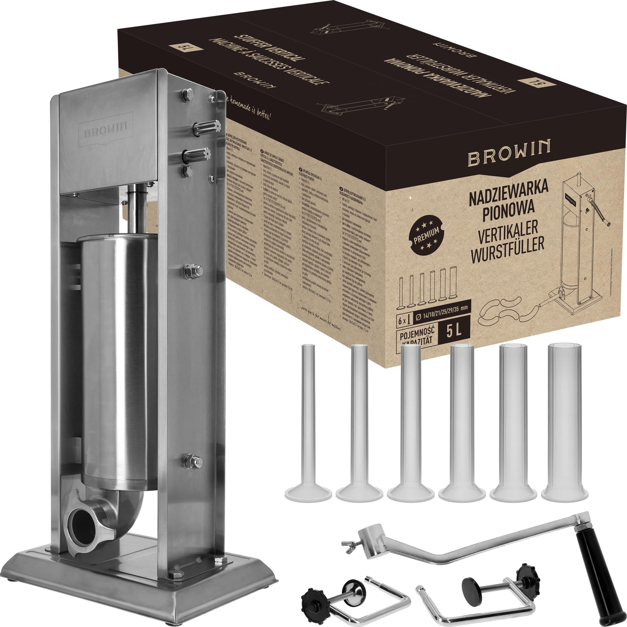 BROWIN® Manuell Wurstfüller aus Edelstahl 311037 | 5 Liter vertikale Wurstmaschine mit Tischklemme | Wurstfüllmaschine | Wurstpresse | Machine für hausgemachte Wurst | inkl. 6 Füllrohren