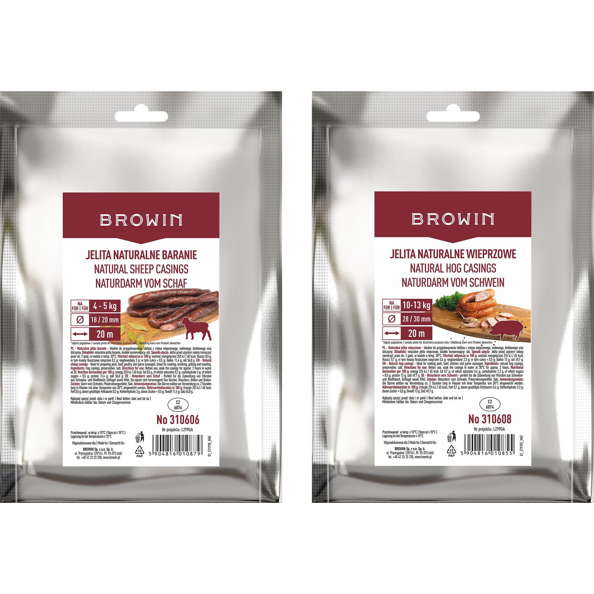 BROWIN® Naturdarm Set 310614 | Schweinedärme 28/30 mm und Schafdärme 18/20 mm Premium Naturdarm für hausgemachte Wacholderwurst, Weißwurst, Bratwurst | 20 Meter | 10 bis 13 kg Fleisch