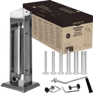 BROWIN® Manuell Wurstfüller aus Edelstahl 311038 | 7 Liter vertikale Wurstmaschine mit Tischklemme | Wurstfüllmaschine | Wurstpresse | Machine für hausgemachte Wurst | inkl. 6 Füllrohren